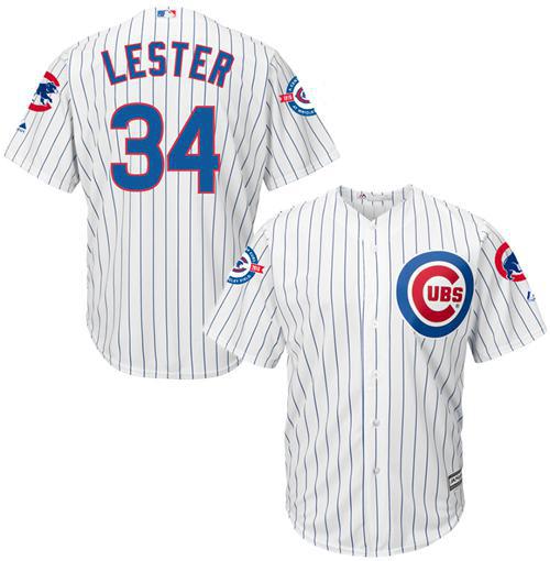Cubs #34 Jon Lester White Strip New Cool Base with 100 Years at Wrigley Field Commemorative Patch Stitched MLB Jersey